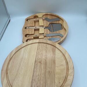 NEW Round Solid Oak Swivel Cheese Board & Knives by Legacy 5pc Set
